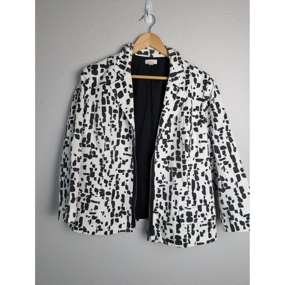 Chico's Jacket Womens Size XL White Black Animal Print Zip‎ Front Lined Pockets